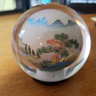 Vintage Glass Paper Weight Japanese Scene Set In Silver Dish 3.  5 " Tall