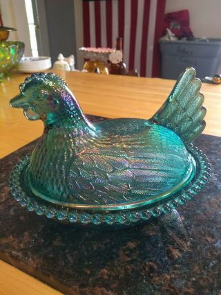 Vintage Indiana Glass Hen On A Nest Green Carnival Candy Dish 7 " Long