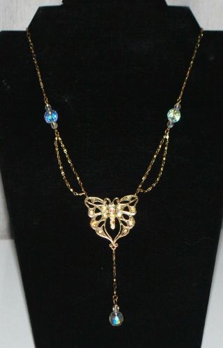 Vintage Gold Tone Butterfly Necklace With Rhinestones Crystal