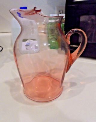Vintage 9 " Pink Water Pitcher W/applied Handle - Unknown
