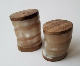 Vintage Teak Wood Salt Pepper Shakers Cow Horn Mid Century Carved Natural Real