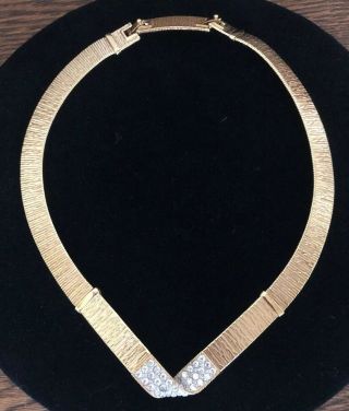 Vintage Signed Monet Gold Tone Clear Rhinestone Necklace Choker Extension Retro
