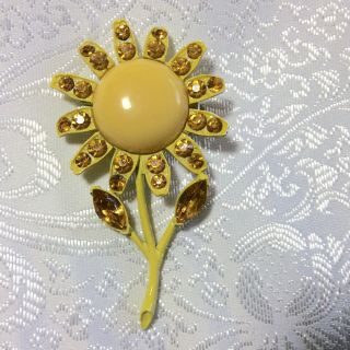 Vintage Signed Weiss Enameled Rhinestone Flower Pin Brooch Bright Yellow