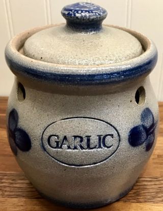 Vintage 1995 Rowe Pottery Garlic Crock With Lid Salt Glazed