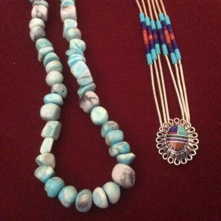 Vintage Stone & Turquoise & Coral Sterling Necklaces Native American