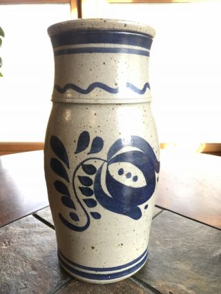 Vintage Large Pottery Stoneware Vase Signed Cobalt Blue Flower Design