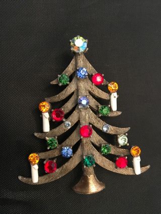 Vintage Weiss Multicolored Rhinestone Gold Christmas Tree With 4 Lite Candles