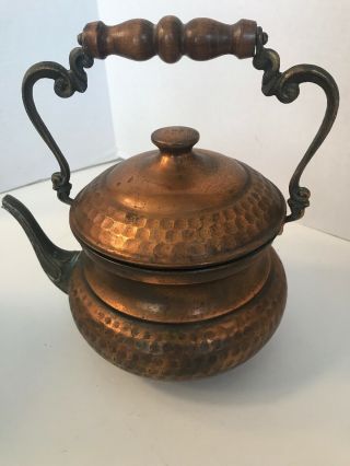 Vintage Copper Teapot With Wooden Handle