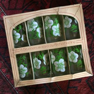 Vintage Set Of 8 Beverage Drinking Glasses 12 Oz Green With White Flowers Design