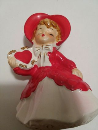 Vintage Lefton Valentine Girl Red Hat And Coat Holding Valentine Figurine Figure