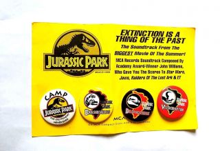 Vintage 1993 Jurassic Park Movie Promo Button Set - Spielberg Jp Camp Raptor Pin