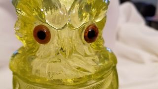 Vintage IMPERIAL (Summit) Glass OWL Toby Jar Yellow Vaseline Uranium.  Marked 6