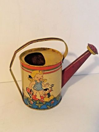 Vintage Ohio Art Tin Watering Can Girl And Boy In Garden 183 Elaine Ends Hileman