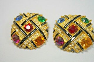Vintage Large Gold Tone Multi Color Clear Rhinestone Clip On Earrings