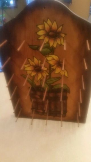 Vintage Wooden Thread Spool Holder Wall Mount 30 Nails Sunflowers Unique Jewelry