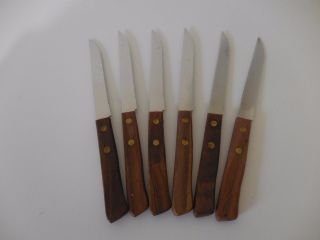 Vintage Set Of 6 Stainless Steel Steak Knives,  Wooden Handles Made In Japan $cut