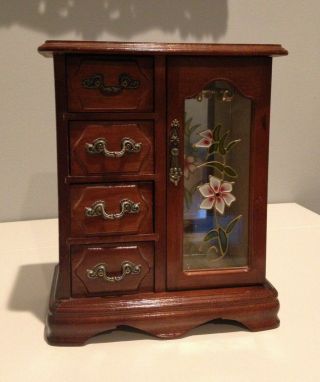 Vintage 80s/90s Wood Upright Armoire 4 Drawer Organizer Jewelry Box