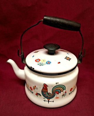 Vintage Berggren Porcelain Enamelware Tea Pot Rooster On Weather Vane 5 " X 7 "