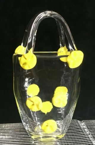Vintage Hand Blown Glass Art Handbag/purse/ W/handles 9 " Clear Yellow