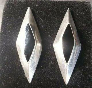 Vtg Classy Art Deco Black Onyx Sterling Silver Stud Earrings 925 Long Posts