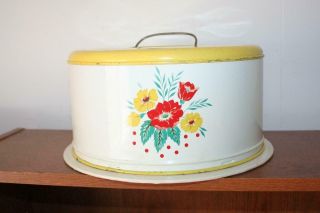 Vintage Cake Carrier Metal Enamel Yellow Top W Yellow And Red Flowers Twist Lock