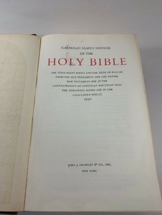 Vintage Holy Bible Catholic Family Edition John J Crawley 1953 Hardcover. 4