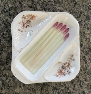 Vintage Unbranded Asparagus Plate - 8” Square - 3 Sections - Asparagus & 2 Condiment