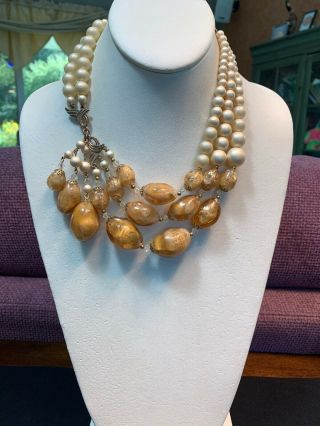 Vintage 1950s Unusual Pearl 3 Strand Beaded Necklace Hook Clasp 16 - 18”
