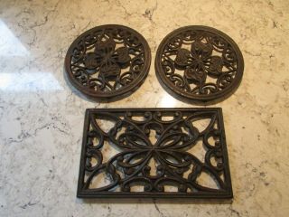 Set Of 3 Vintage Heavy Cast Iron Trivets Scroll Design - 2 Round,  1 Rectangle
