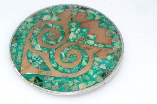 Vintage Mexican Mixed Metals Turquoise Copper Inlay Round Pin Brooch 2