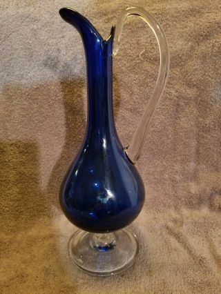 Vintage Hand Blown Cobalt Blue Pitcher Clear Handle And Base 12 " Tall Gorgeous
