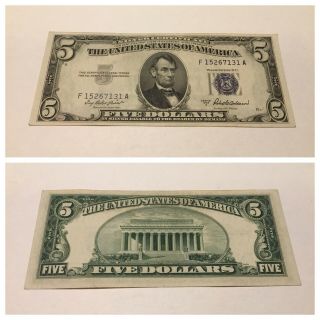Vintage Five Dollar 1953 - A Silver Certificate $5 Lincoln Blue Seal Bill Vnc
