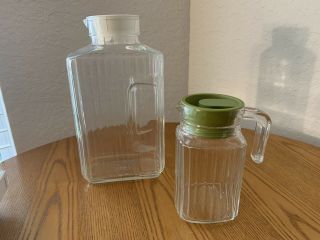 2 Vintage Arc France Ribbed Glass Refrigerator Pitchers W/ Lids Small & Large