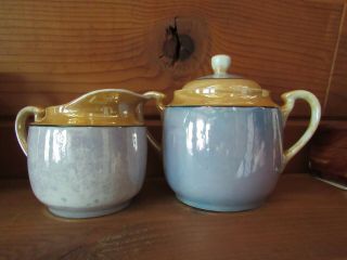 Vintage Japan Made Blue/gold Lusterware Creamer & Sugar Bowl With Lid