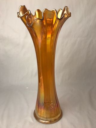 Vintage Fenton Tall Marigold Carnival Glass Orange Swung Vase Ribbed 11 1/8 " H