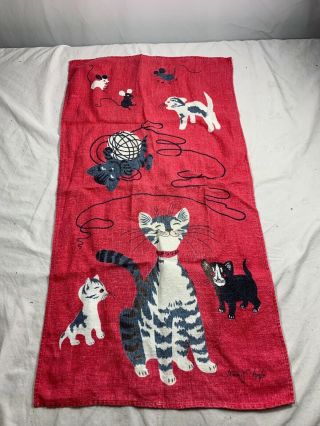 Vintage Mcm Linen Kitchen Towel Cat & Kittens Tammis Keefe Tea Dish Towel