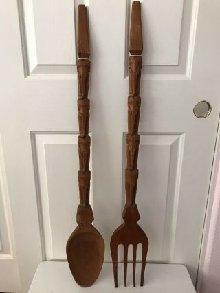 Large Vintage 38 " Hand Carved Wood Fork And Spoon Elephants Wall Decor