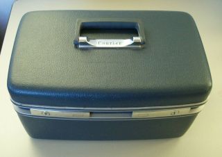 Vintage Dark Blue Sears Courier Travel Make Up Mirrored Luggage W/ Key