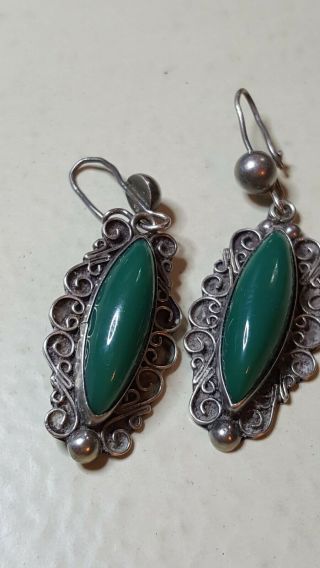 Vintage Mexico Sterling Silver 925 With Jade Stone Long Earrings