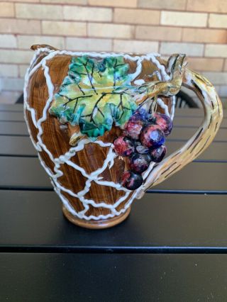 Vintage Ceramic Grapes And Leaves Pitcher Italy Italian Pottery 3d