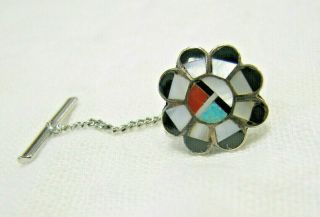 Vintage Zuni Sunface Turquoise Mop Coral Inlay Sterling Lapel Pin Tie Tack