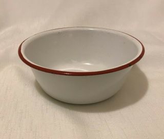 Vintage Enamelware Cereal Chili Bowl White And Red Camping 6 1/2 Inches
