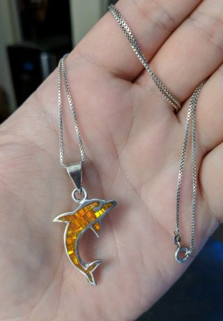 Vintage Taxco Mexico 950 Silver Fire Opal Dolphin Pendant Necklace 24 "