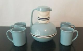 Vintage Corning Thermique Thermos Coffee Carafe 2 Qt Blue & White With 4 Mugs