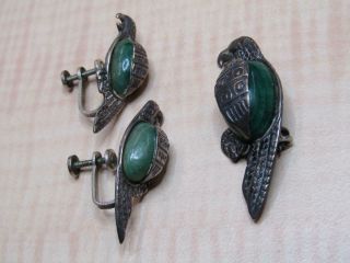 Silver Mexico Marked Vintage Jewelry Set Green Stone Bird Parrot Earrings Pin
