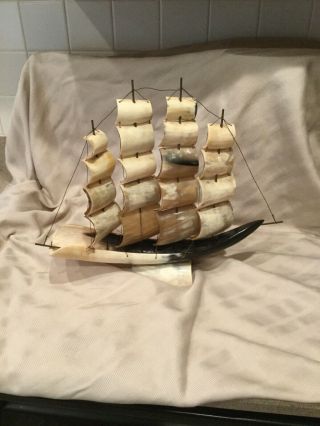 Vintage Nautical Bull Horn Carved Tall Ship Sail Boat.