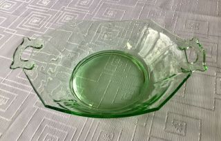 Vintage Green Vaseline Glass Uranium Bowl With Handls