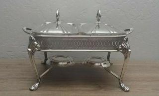 Vntg Double Chafing Dish Silverplate Fire King 1qt Glass Inserts Candle Burners