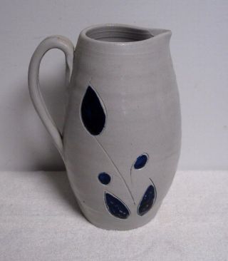 Vtg Williamsburg Va Pottery/salt Glazed Stoneware Pitcher Vase Cobalt Blue Leaf