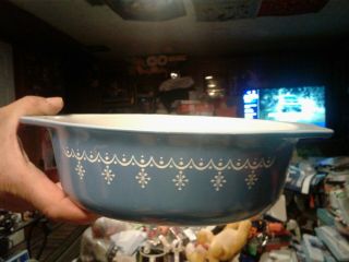 Vintage Pyrex Turquoise/white Snowflake Garland 1 1/2 Qt Oval Casserole Dish 043